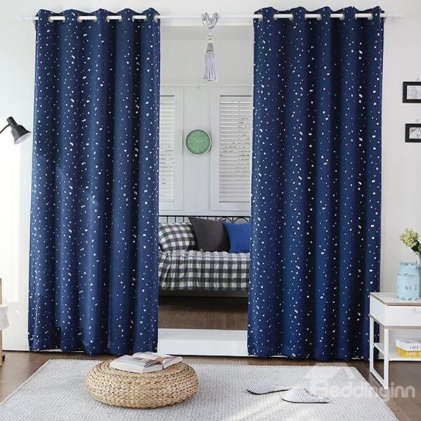 Stylish Navy Color Cute Stars Printing Grommet Top Curtain