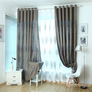 Dark Blue Tree Pattern High Shading Degree Grommet Top Curtain