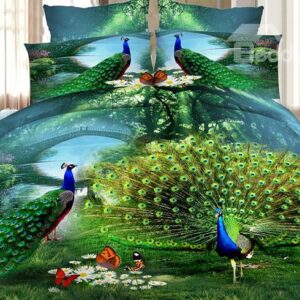 Green Peacock Print 4-Piece Polyester 3D Duvet Cover Sets