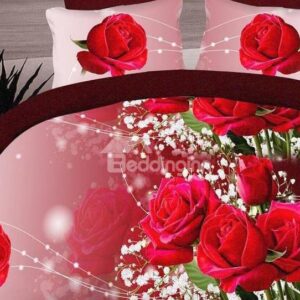 Red Rose and White Flower Print 4-Piece Polyester 3D Duvet Cover Sets