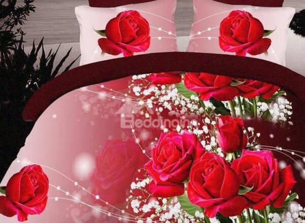 Red Rose and White Flower Print 4-Piece Polyester 3D Duvet Cover Sets