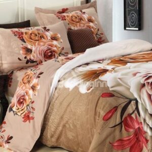 Charming Flower Print 4-Piece Polyester 3D Duvet Cover Sets