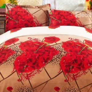Heart Shaped Rose Print 4-Piece Polyester 3D Duvet Cover Sets