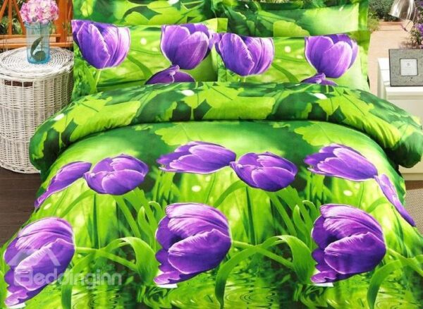 Purple Tulip Print 4-Piece Polyester 3D Duvet Cover Sets