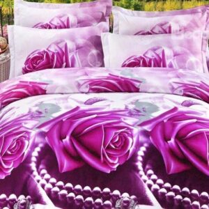 Purple Rose and Diamond Print 4-Piece Polyester 3D Duvet Cover Sets