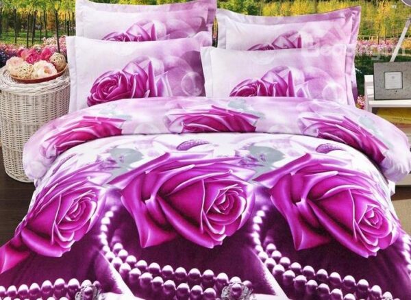 Purple Rose and Diamond Print 4-Piece Polyester 3D Duvet Cover Sets