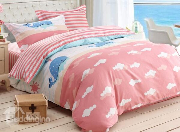 Blue Whale Print 3-Piece Cotton Duvet Cover Sets