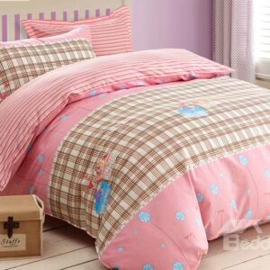 Grid and Flower Print 4-Piece Cotton Duvet Cover Sets