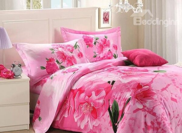 Amazing Pink Flower Print 4-Piece Polyester 3D Duvet Cover Sets