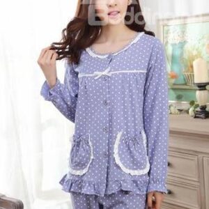 Lavender Cotton 2 Pieces Long Sleeves Sweet Lace Pajamas