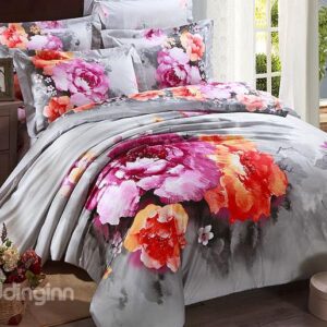 Fabulous Flower Oil Painting 4-Piece Cotton Duvet Cover Sets