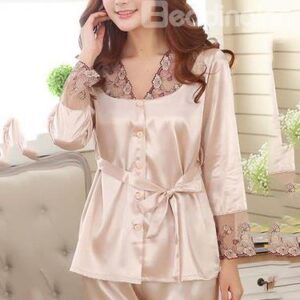 V Neck Long Sleeves Belted Lace Cuffs Pajamas