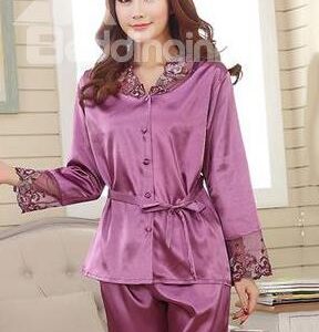V Neck Long Sleeves Beletd Romantic Purple Pajamas