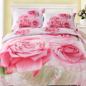 Pink Rose Print 4-Piece Cotton Duvet Cover Sets