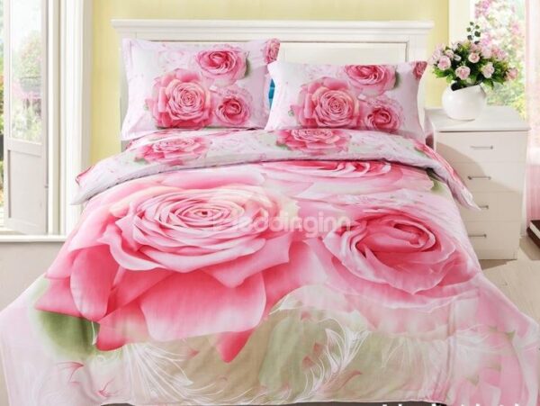 Pink Rose Print 4-Piece Cotton Duvet Cover Sets
