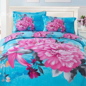 Pink Lily and Peony Print 4-Piece Cotton Duvet Cover Sets