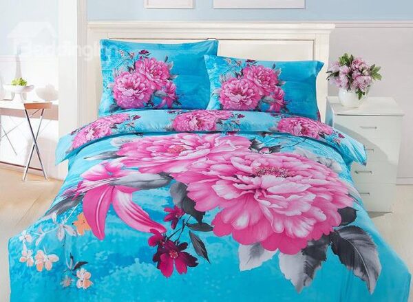 Pink Lily and Peony Print 4-Piece Cotton Duvet Cover Sets