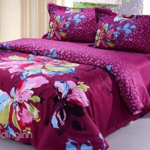 Crimson Flower Drawing Print 4-Piece Cotton Duvet Cover Sets