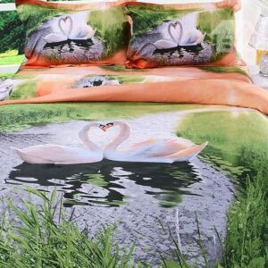White Swan Couple and Lake Print 4-Piece Cotton Duvet Cover Sets