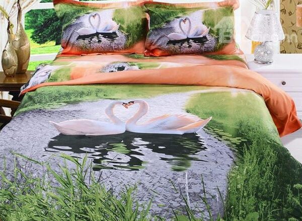 White Swan Couple and Lake Print 4-Piece Cotton Duvet Cover Sets