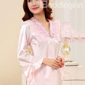 Pink Roses Embroidery Neck Flutter Sleeves Artificial Silk Pajamas