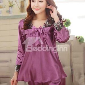 Purple Bow Long Sleeves Artificial Silk Pajamas