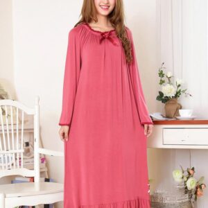 Light Date Red Loose Fit Round Neck Ankle Hit Cotton Nightgown