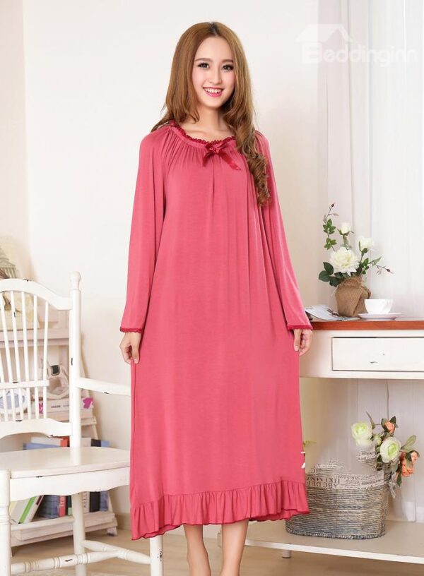 Light Date Red Loose Fit Round Neck Ankle Hit Cotton Nightgown