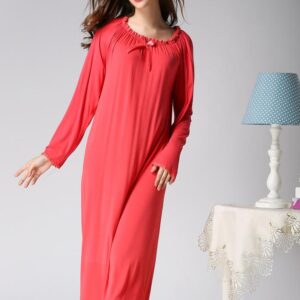 Red Loose Fit Stretching Neck Long Cotton Nightgown