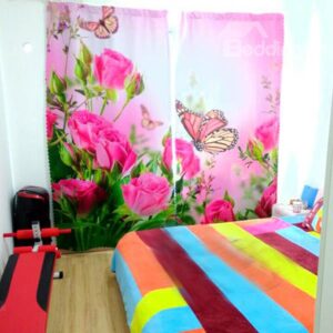 Adorable Pink Roses and Butterflies Printed 3D Curtain