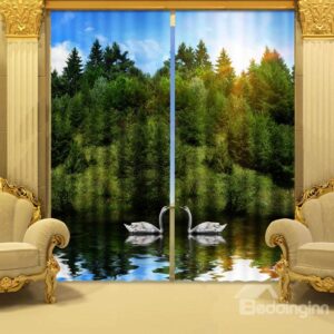 Amazing Beautiful Green Trees and Swan 3D Curtains