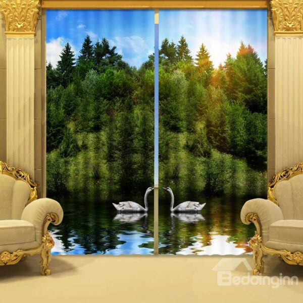 Amazing Beautiful Green Trees and Swan 3D Curtains