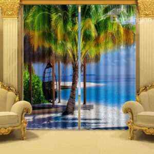 Coconut Tree Pattern 2 Panels Sailboat Blackout Curtain