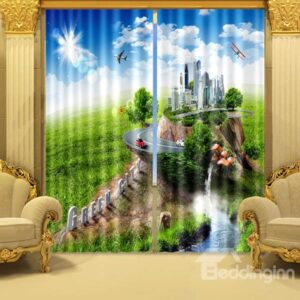Blue Sky Green Grassland and Modern City Printed 3D Curtain