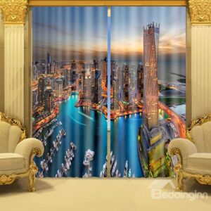 Vivid 3D Sunset Seaside City Scene Blackout Curtain