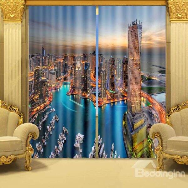 Vivid 3D Sunset Seaside City Scene Blackout Curtain
