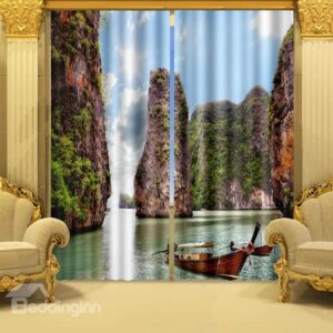 Classic Scene 3D Boat Green Mountain Blackout Curtain