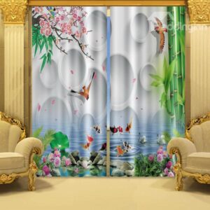The Blooming Titoni and Fish Swimming in Water Printed 3D Curtain