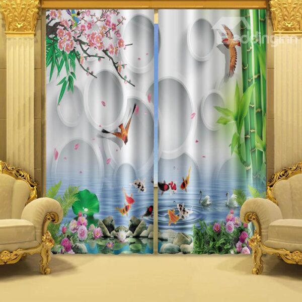 The Blooming Titoni and Fish Swimming in Water Printed 3D Curtain