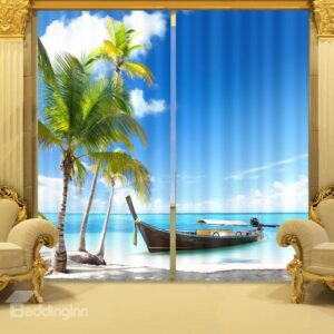 Coconut Tree and Blue Sea Print 3D Blackout Curtain