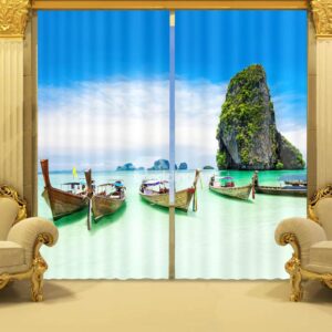 Green Sea and Boat Print 3D Blackout Curtain