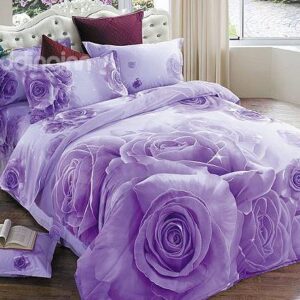 Brilliant Purple Rose Print 4-Piece Cotton Duvet Cover Sets