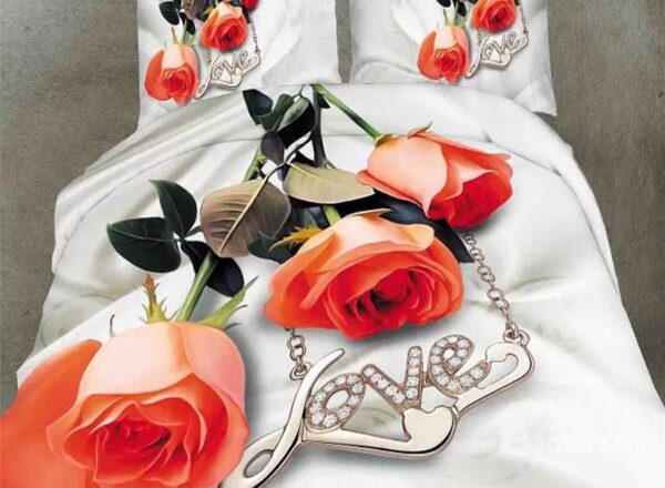 Rose and Love Necklace Print 4-Piece Polyester Duvet Cover Sets