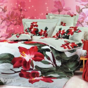Charming Fire Red Flower Print 4-Piece Cotton Duvet Cover Sets