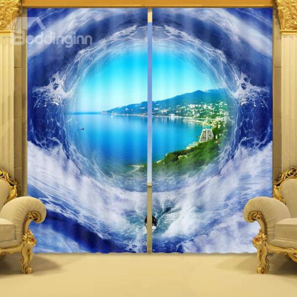 Beautiful Seaside View Sunlight Blocking 3D Curtain