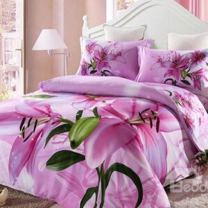 Fragrant Pink Lily Print 4-Piece Duvet Cover Sets