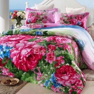 Luxury Red Peony Print 4-Piece Cotton Duvet Cover Sets