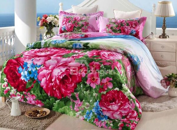 Luxury Red Peony Print 4-Piece Cotton Duvet Cover Sets