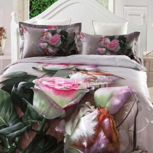 Dewy Pink Rose Print 4-Piece Cotton Duvet Cover Sets