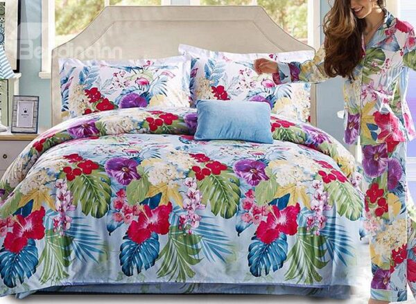 Tropical Plant Print 4-Piece Cotton Duvet Cover Sets